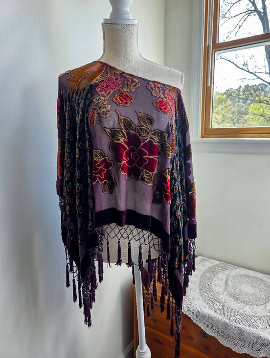 None Sweaters - Vintage Silk Velvet Beaded Shawl Poncho